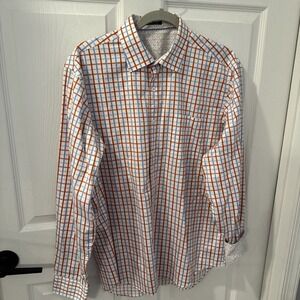 Bugatchi Shirt Mens L Plaid Orange Blue‎ White Button Up Flip Cuff Long Sleeve